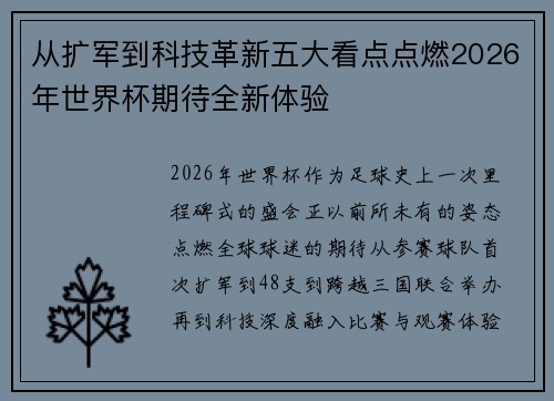 从扩军到科技革新五大看点点燃2026年世界杯期待全新体验